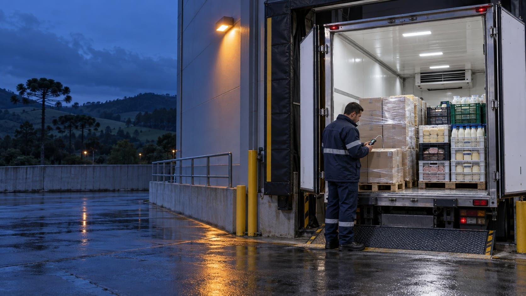 Caminhão refrigerado na doca ao anoitecer, com as portas abertas e a carga de queijos, leite e frios à vista, enquanto um operador mede a temperatura de uma caixa