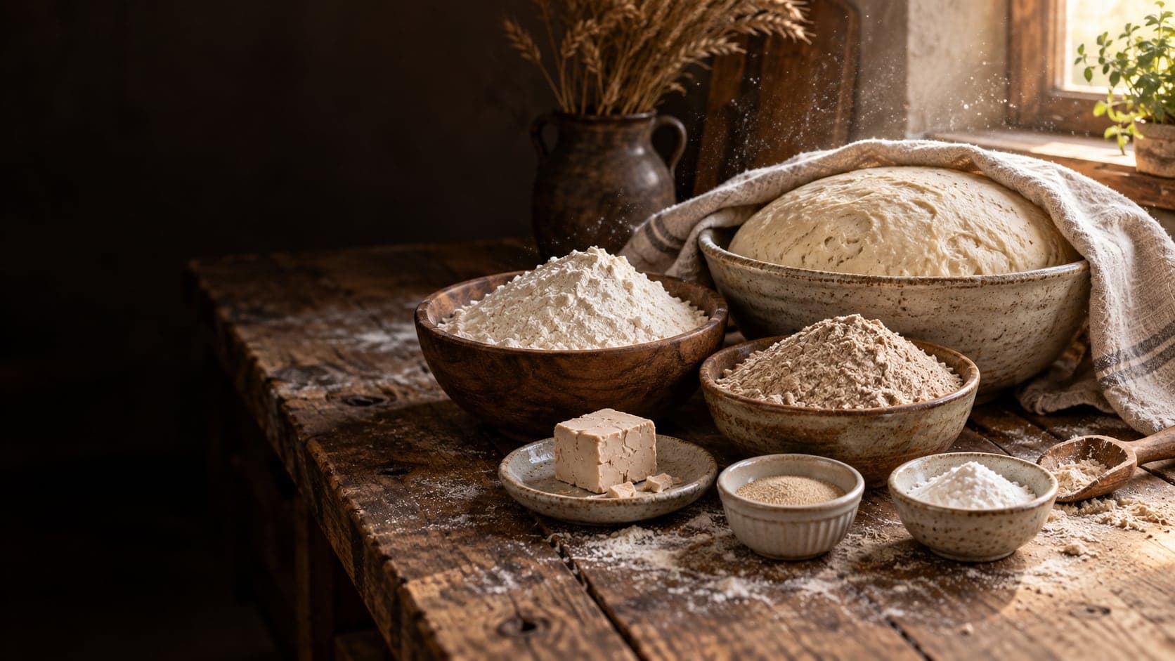 Tigelas de farinha branca e integral, fermento fresco e seco, melhorador e uma massa crescendo sob um pano de linho