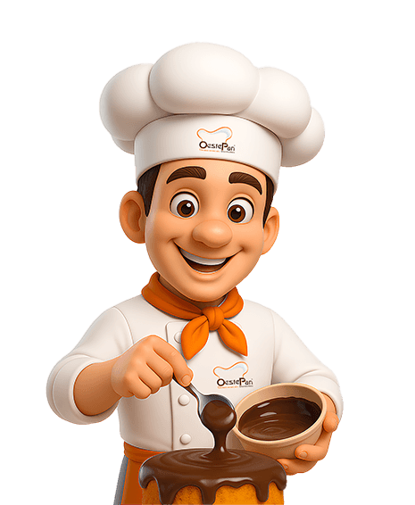 Mascote da OestePan de chapéu de chef, pronto para o treinamento