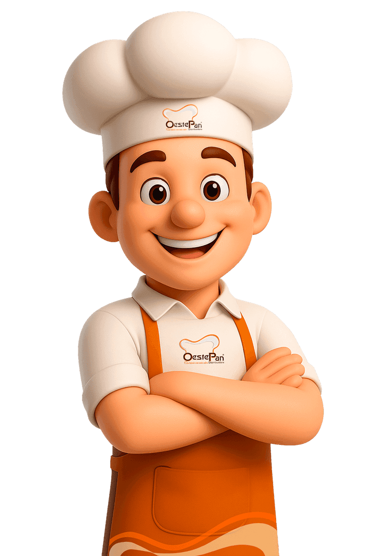 Mascote da OestePan, um chef sorridente de braços cruzados